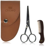 Cremo - Tijeras para barba y bigote de acero inoxidable con funda de transporte de piel sintético y peine para corte de pelo facial preciso, Tijeras para barba
