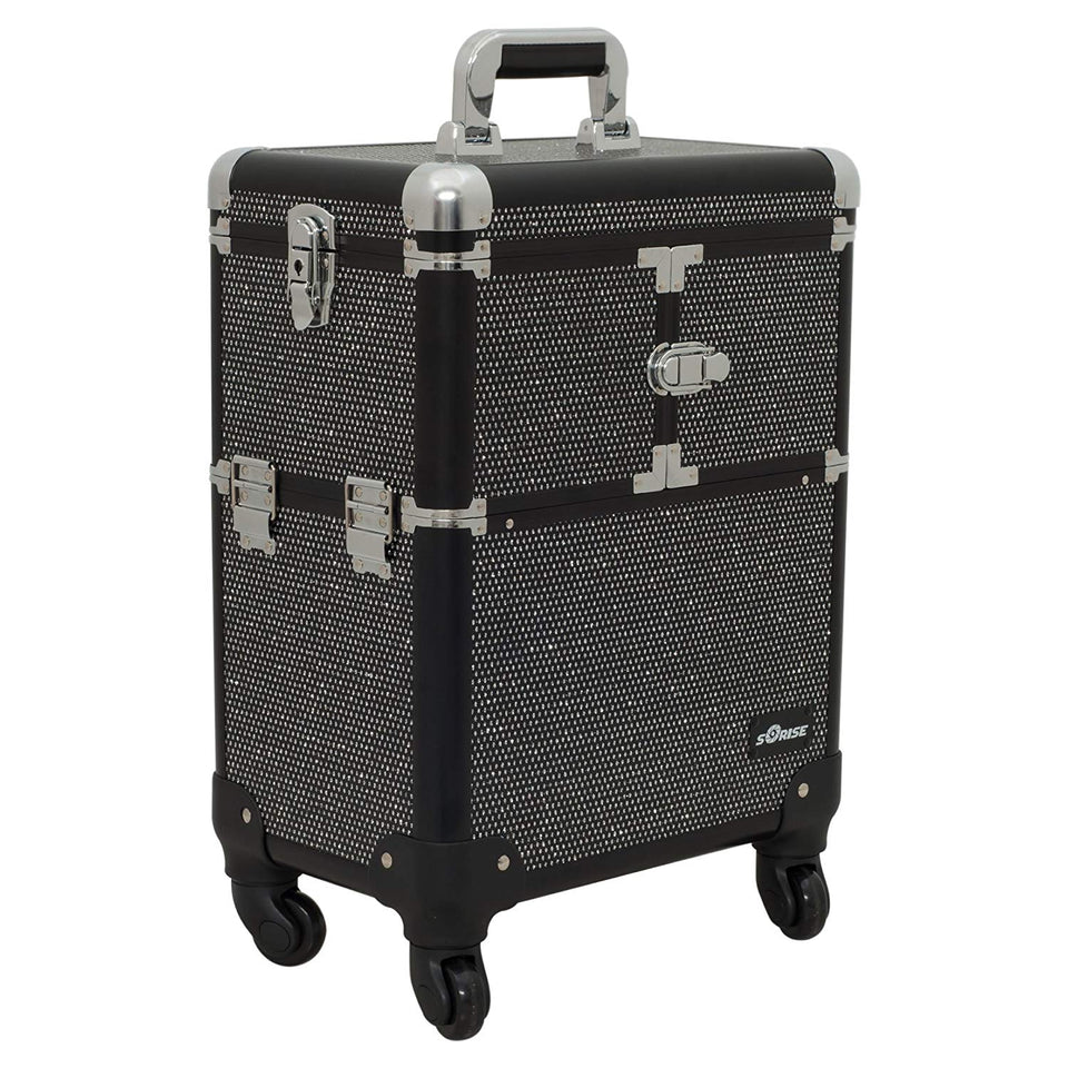 Sunrise I3364 Professional 4-in-1 Rolling Makeup Artist Cosmetic Train Case Organizer Storage, Krystal Black